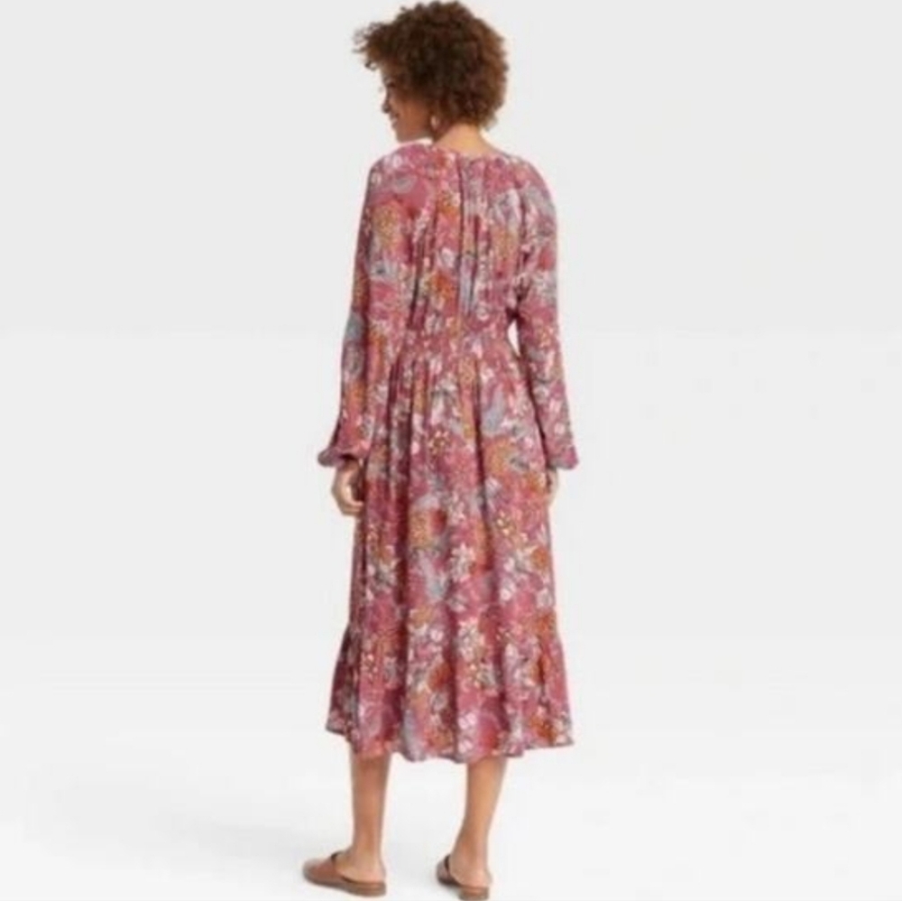 Knox Rose Womens Floral Long Dusty Rose Sleeve Bohemian Midi Dress Size Large - Picture 2 of 13